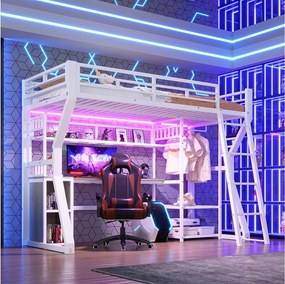 Łóżko piętrowe dla dzieci - 90 x 200 cm - rama żeliwna - z diodami LED + biurko + schowek + półki - płyta MDF + metal - białe