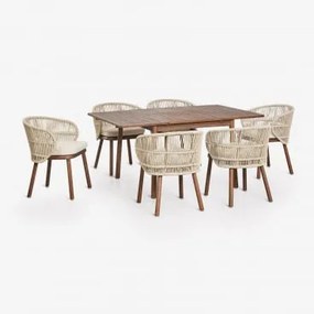 Zestaw Stołu Rozkładanego 100-160x100 Cm Karvia Oraz 6 Krzeseł Jadalnianych Z Drewna Akacjowego I Plecionej Liny Capri Kremowa - Sklum