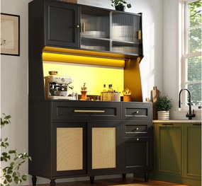 Buffet kuchenny 120×45×195,5 cm - z oświetleniem LED - 3 szuflady i 6 drzwi - regulowane półki - czarny