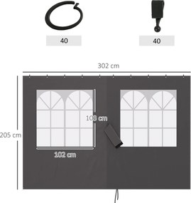 Outsunny Boczne ścianki do pawilonu, 4 panele boczne do pawilonu ogrodowego, z zamkiem błyskawicznym, pawilon 3 x 4 m, ciemnoszary