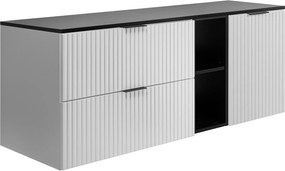 Zestaw łazienkowy: szafka z szufladami, szafka z drzwiami i regał 57×46×140 cm, kolor: biały / czarny, uchwyt czarny