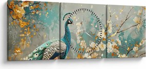 Obraz - Paw ze złotą dekoracją (z zegarem) (90x30 cm)