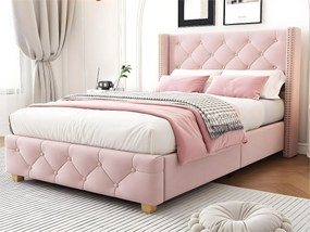 Łóżko 90x200cm tapicerowane welurem - z stelażem na listwach - Różowe