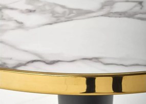 Stół Debor 79 cm w stylu glamour z okleinowanym blatem MDF imitującym marmur na czarnej nodze ze złotymi elementami