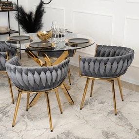Zestaw Stół Okrągły SALLO 100 cm i 4 Krzesła Tapicerowane RUBI Szare Glamour
