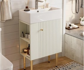 Szafa łazienkowa z ceramiczną umywalką - z 1 drzwiami i 2 otwartymi półkami - 4 metalowe nóżki - Biały (bateria nie jest w zestawie)