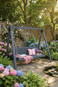 Szara drewniana huśtawka stojąca ogrodowa H0-P03