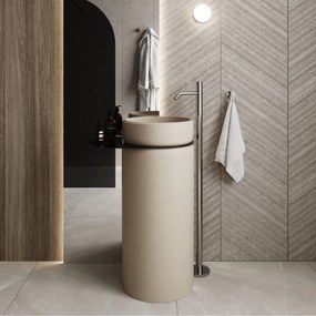 Umywalka z konglomeratu wolnostojąca okrągła z półką szklaną 85 x 40 cm RONA bez przelewu | Różne kolory półki : Kolor szkła - Czarny, Kolor umywalki RONA - Beż matowy, Półka - Szklana