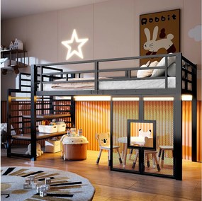 Metalowe łóżko piętrowe dla dzieci - 90 x 200 cm - ze schodami + schowkiem + diodami LED + oknami - czarne