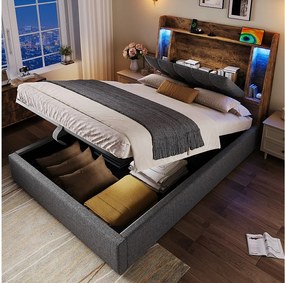 Łóżko tapicerowane z pojemnikiem - 90 x 200 cm - z USB + diodami LED + zagłówek ze schowkiem - len - szary