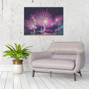 Obraz nocnego miasta z fajerwerkami (70x50 cm)