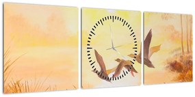 Obraz - Żurawie o zachodzie słońca (z zegarem) (90x30 cm)