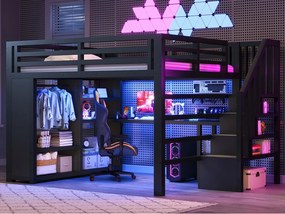 Łóżko antresolowe metalowe 140 x 200 cm - LED i port USB - Biurko, otwarta szafa i drabinka do przechowywania - Czarny (bez materaca)