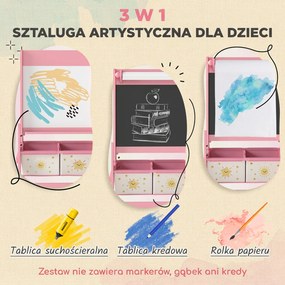 AIYAPLAY Sztaluga 3 w 1 dla dzieci z tablicą kredową, białą tablicą, rolką papieru i 2 koszami, różowa, dla dzieci w wieku 3-8 lat | Aosom PL
