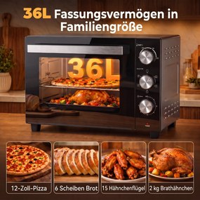HOMCOM 36 L mini piekarnik z termoobiegiem, regulacja temperatury 90–230 °C, 1500 W | Aosom PL