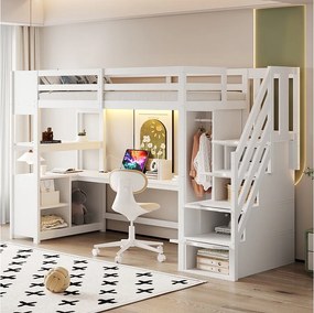 Łóżko piętrowe dla dzieci drewniane - 90 x 200 cm - z szafą + biurkiem + szafką + półką + drabinką + diodami LED - białe