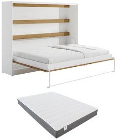 Łóżko chowane w szafie 140 × 200 cm – Otwieranie poziome manualne – Oświetlenie LED – Białe i naturalne + Materac – RAPILI