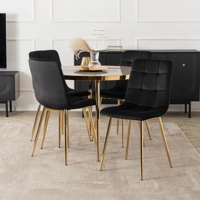 Zestaw Stół Okrągły TINGA 100 cm Szary Marmur/Złoty i 4 Krzesła Tapicerowane YORK Czarne Glamour