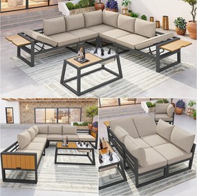 Zestaw mebli ogrodowych - z poduszkami + stolik + sofa z regulowanym oparciem i składanymi podłokietnikami - metalowy - beżowy