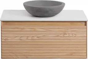 Zestaw Wiszących Mebli Łazienkowych Z Drewna Jesionowego Tedrik Popielaty Brąz & Okrągły Szary Cement Ø40 Cm Tarsis & Bezlusterkowiec & - Sklum