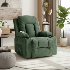 Fotel Masujący BOX Rozkładany Wypoczynkowy z Podnóżkiem Zielony Sztruksowy Nowoczesny
