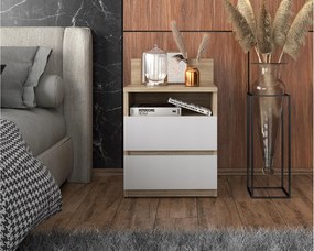 Duża Szafka Nocna Dąb Sonoma Biały Mat 40 CM 2 Szuflady 1 Półka Stolik Nakastlik 40x32x59 CM