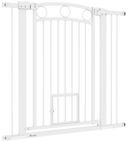 PawHut Brama dla Zwierząt Domowych, 96 cm Barierka na Schody, Regulowana Szerokość 76-104 cm, z Drzwiczkami dla Kota, na Schody i Przejścia Drzwiowe, Biały