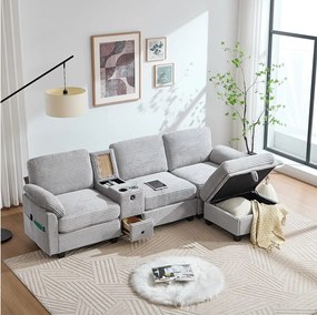 Sofa 3-osobowa, sofa sztruksowa z pufem i szufladami, 2 uchwytami na kubki i portem USB - jasnoszara