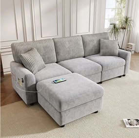 Nowoczesna sofa 3-osobowa - 223 x 146 x 84 cm - z 1 podnóżkiem + 2 poduszkami + USB + Type-C - welur - szary