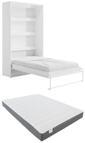 Łóżko chowane w szafie 120 × 200 cm – Otwieranie pionowe manualne – Oświetlenie LED – Białe + Materac – RAPILI