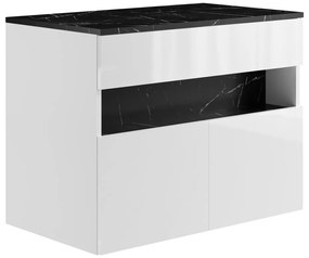 Szafka pod umywalkę wisząca z oświetleniem LED i blatem - Biały i czarny z efektem marmuru - szer. 80 cm - POZEGA