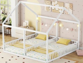 Łóżko piętrowe z drewna sosnowego 2x90x200cm - z dachem i stelażem na listwy - Białe