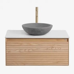 Zestaw Wiszących Mebli Łazienkowych Z Drewna Jesionowego Tedrik Popielaty Brąz & Okrągły Szary Cement - Sklum