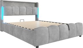 Łóżko z pojemnikiem 140x200 cm Łóżko dla dorosłych z LED i USB, zagłówek z pojemnikiem - szary aksamit (bez materaca)