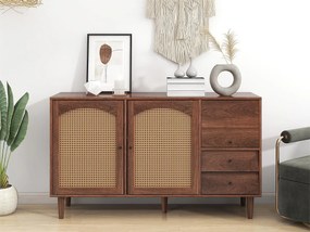 Bufet z 3 drzwiami i 2 szufladami - drzwi z plecionki żywicznej - styl wiejski - brązowy