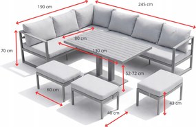 Narożnik ogrodowy Bellagio NM21-G-BR z pufami i ławostołem, szary, poduszki beżowe