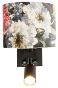 Lampa ścienna czarna z lampką do czytania i kloszem 18 cm kwiatowym - Brescia Nowoczesny Oswietlenie wewnetrzne