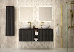 Czarny Zestaw Łazienkowy 140cm Szafka z Blatem Regał Umywalka Słupek Ryflowane Fronty Arcos