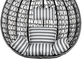 Czarne wiszące krzesło KOKON ze stojakiem, biało-szara poduszka