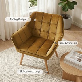 HOMCOM Fotel tapicerowany, Fotel akcentowy, Design skandynawski, Wygląd aksamitny, Do 120 kg, Nogi z drewna kauczukowego, Żółty