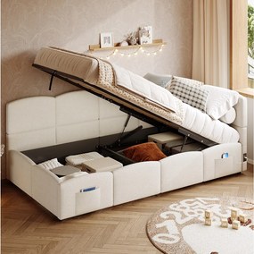 Łóżko z pojemnikiem 90 x 200 cm - Łóżko pojedyncze z 2 kieszeniami do przechowywania i ładowarką USB - beżowe bouclé - materac nie jest wliczony w cenę