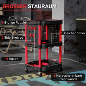 HOMCOM Wózek narzędziowy, trzy poziomy półek, 4 koła, plastik, 10 haków, Czerwony