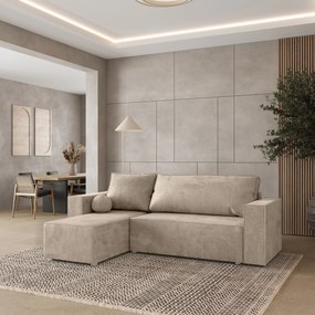 Masseno Narożnik RAVELO z funkcją spania i pojemnikiem na pościel Narozniki L, Rozkładana sofa - Kremowy, MONOLITH 04