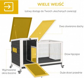 Drewniana klatka dla królików PawHut z wybiegiem i kółkami, otwieranym dachem, dla użytku zewnętrznego i wewnętrznego 92 x 52 x 67 cm, Ciemnoszara