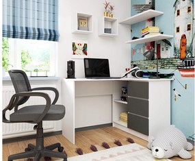 Biurko narożne AKORD B16 Białe 124 cm prawe 3 szuflady kolor Grafit Szary mat 2 półki 124x85x77 cm