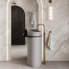 Umywalka z konglomeratu wolnostojąca okrągła z półką szklaną 85 x 40 cm RONA bez przelewu | Różne kolory półki : Kolor szkła - Czarny, Kolor umywalki RONA - Szary matowy, Półka - Szklana