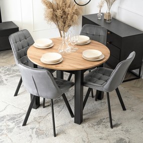 Zestaw Stół Okrągły Rozkładany HARRY 102-142 cm Dąb Craft/Czarny i 4 Krzesła Tapicerowane RICK Szare Nowoczesne