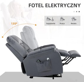 HOMCOM Fotel masażowy dla seniorów z funkcją wstawania 8 punktów masażu szary z bocznymi kieszeniami | Aosom PL