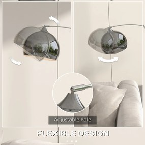 HOMCOM Łukowa lampa stojąca, regulowana, z przełącznikiem nożnym, podstawa imitującą marmur, 170-180cm, Srebrny/Czarny