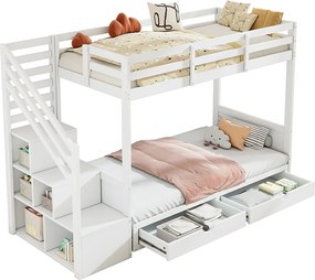 Łóżko piętrowe 90x200 cm - ze schodami ze schowkiem i barierką - z 2 szufladami - Białe (bez materaca)